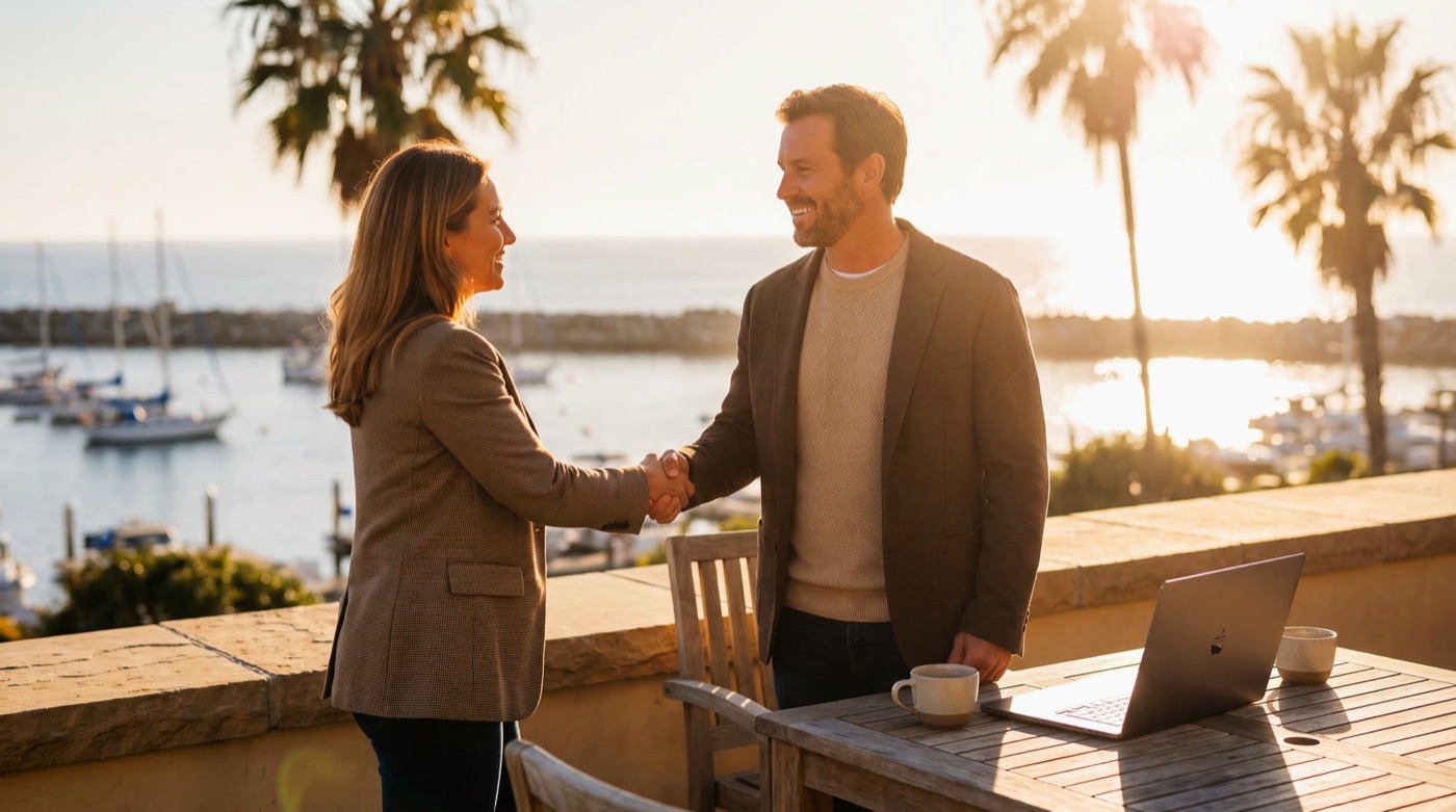 Two business partners shaking hands on a terrace overlooking Dana Point harbor